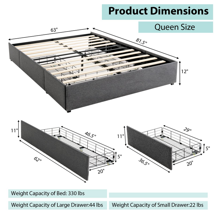 Full Size Platform Bed Frame with 3 Storage Drawers - Giantex