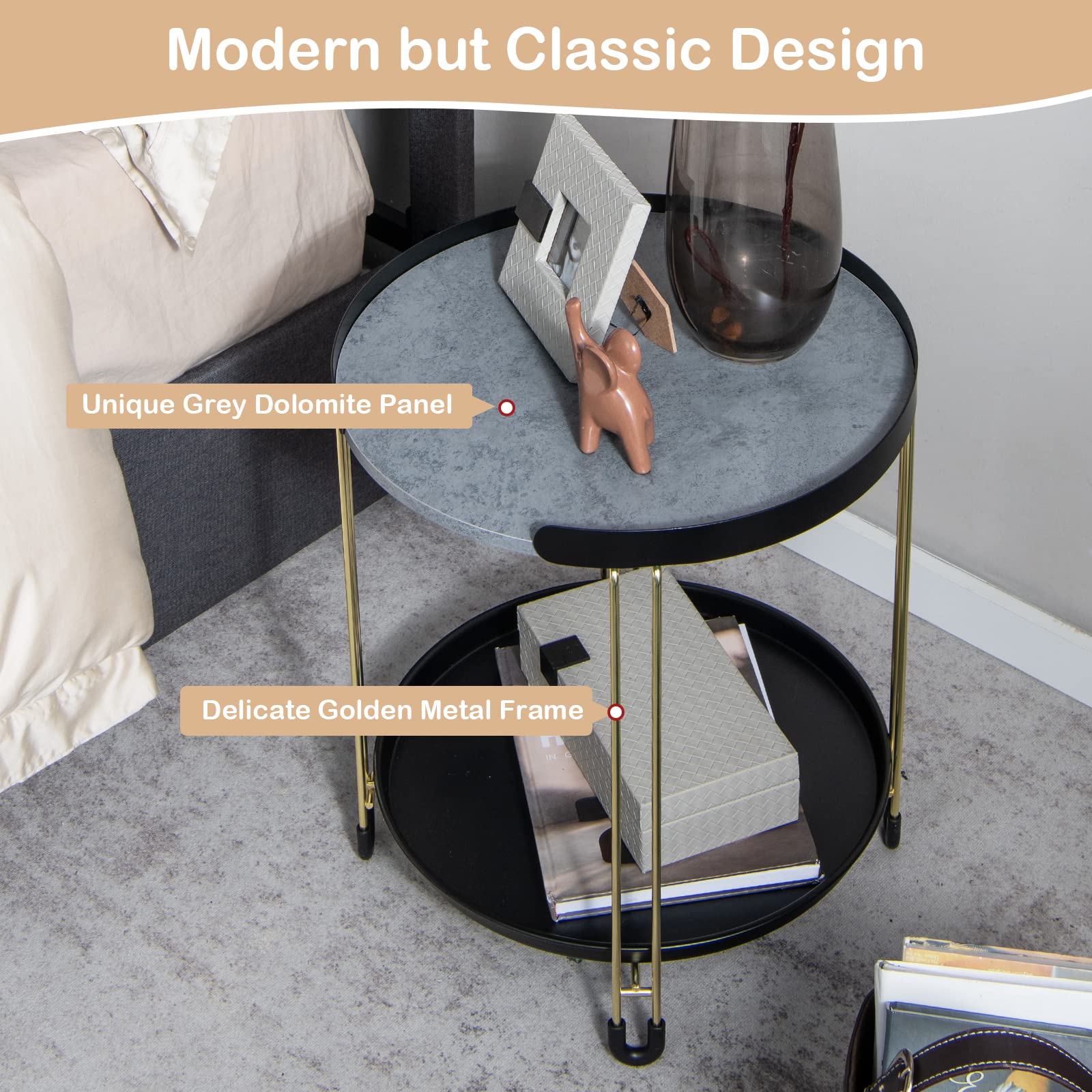 Giantex Modren Side Table, Faux Marble End Table with Golden Frame and Removable Tray