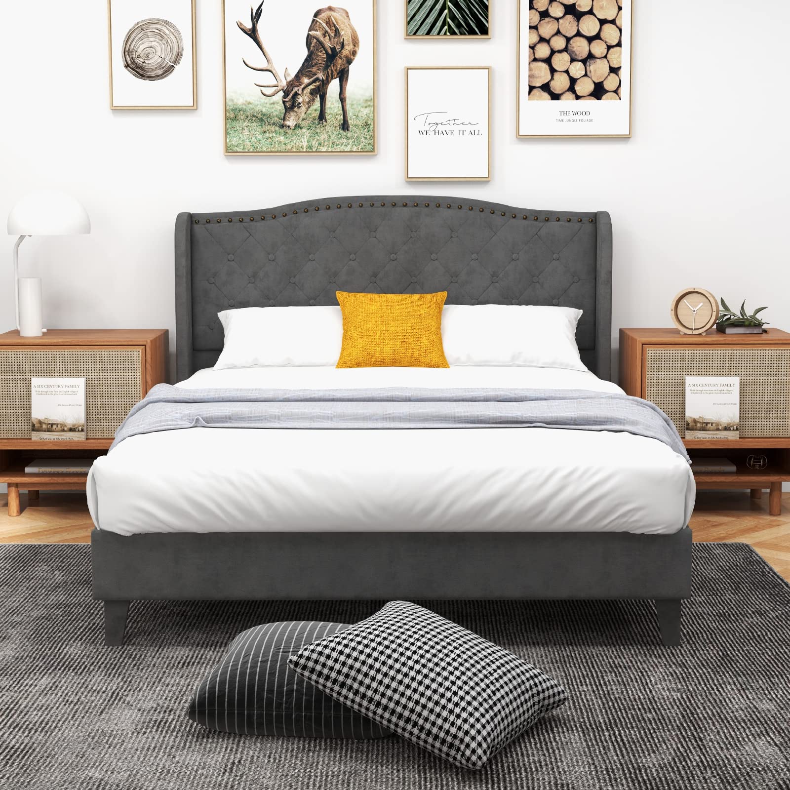 Giantex Velvet Upholstered Bed Frame