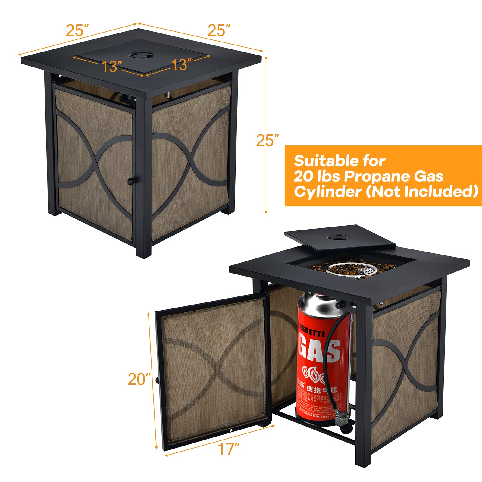 25-Inch Propane Fire Pit Table, 40000 BTU Square Gas Firepit Table with Lid