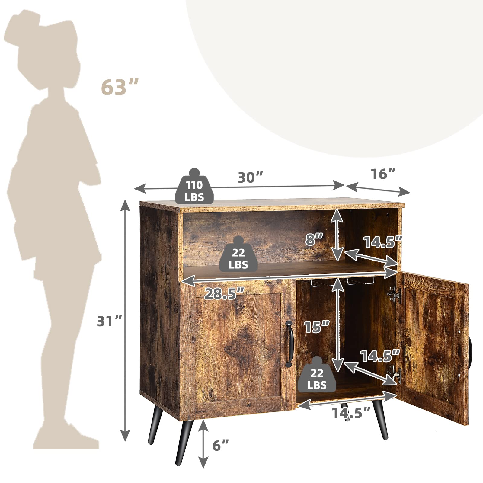 Giantex Mid-Century Storage Cabinet, Wooden Floor Cabinet with 2 Doors, Rustic Brown