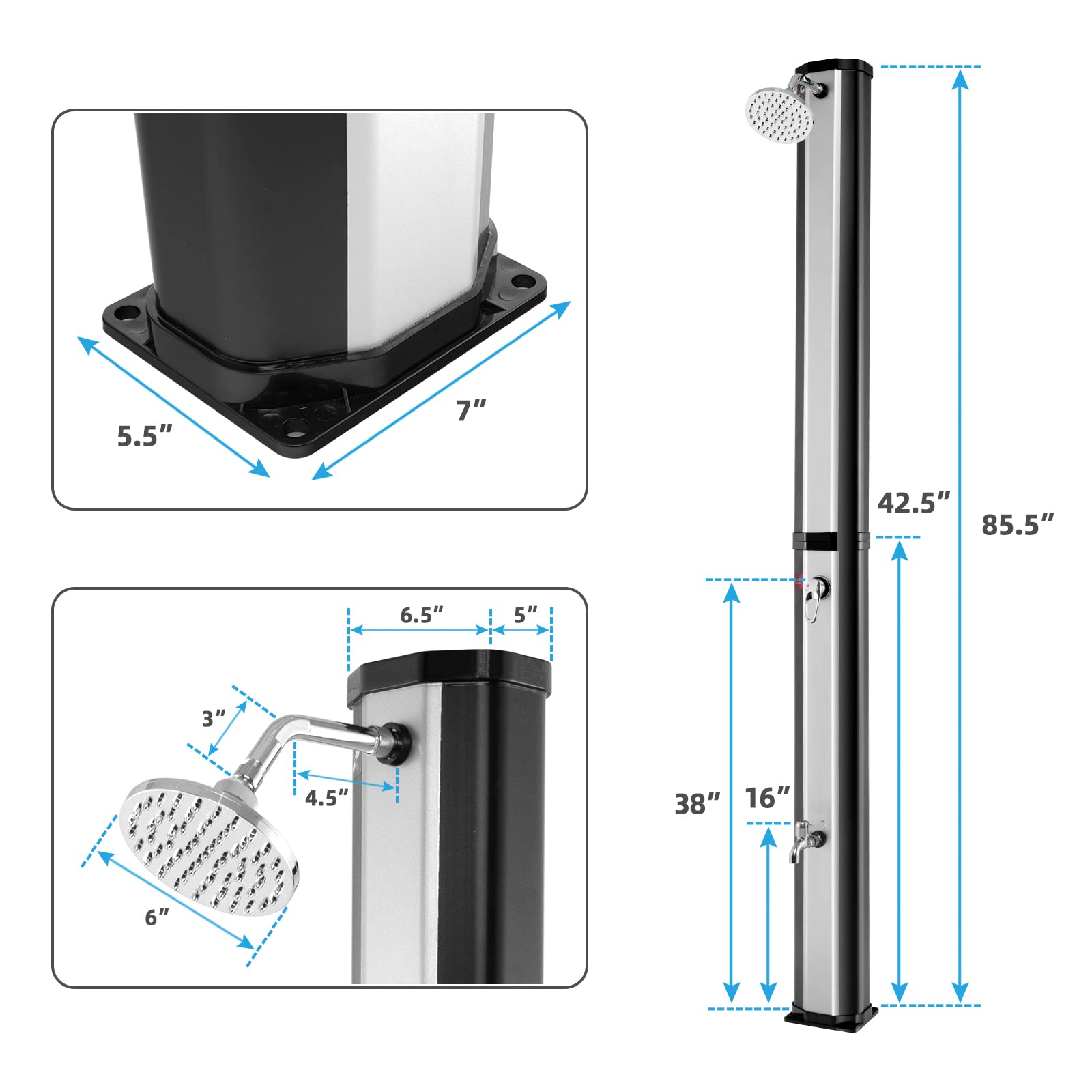 Giantex 7.2 FT 10 Gallon 2-Section Solar-Heated Outdoor Shower, Pool Shower W/Free-Rotating Shower Head