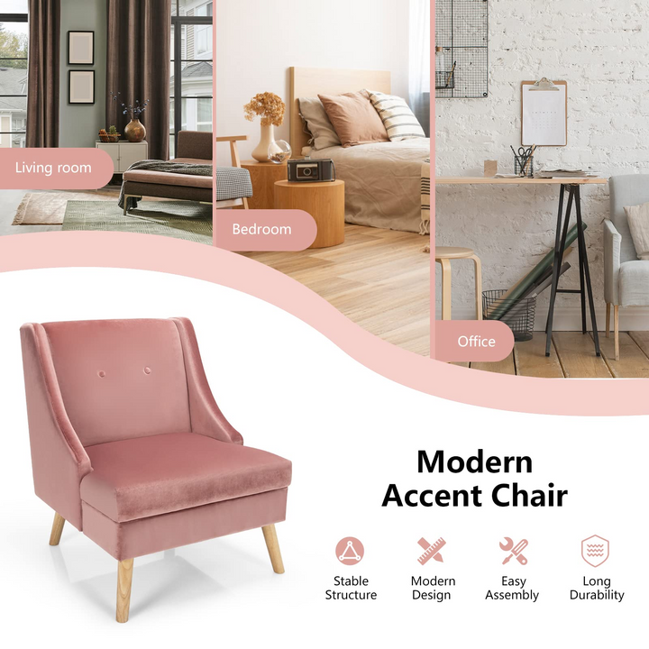 Giantex Pink Accent Chair, Comfy Velvet Swoop Chair w/Rubber Wood Legs, Padded Seat