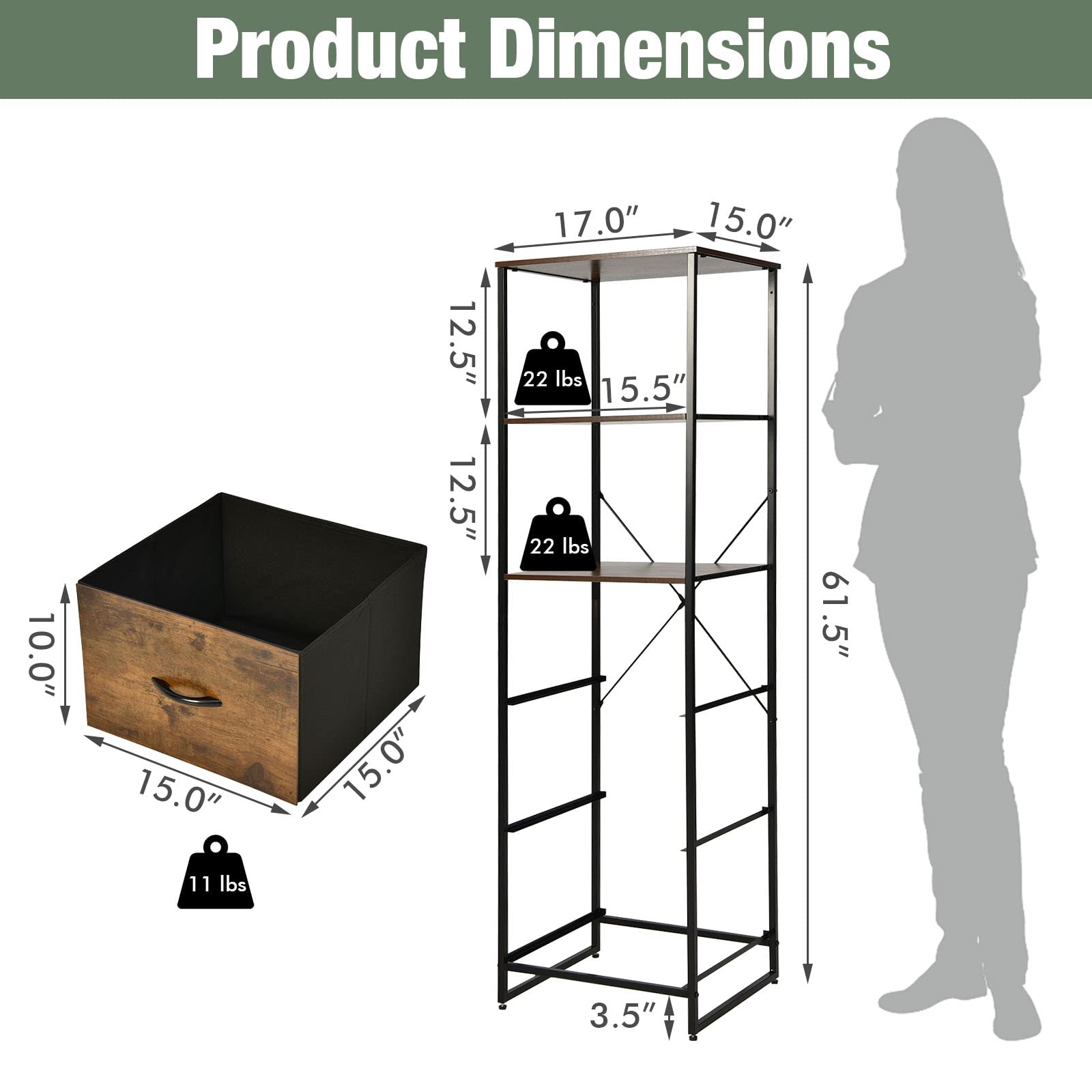 6 Tier Storage Cabinet, 61.5" Tall Storage Rack Storage Bookshelf w/Folding Drawers