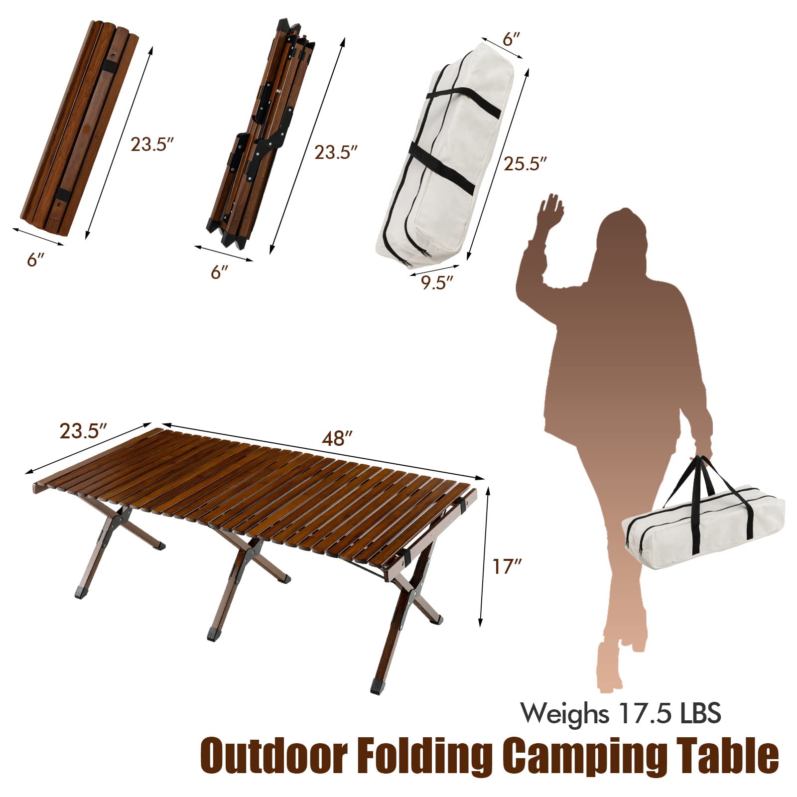 Giantex Folding Picnic Table, Wooden Roll-up Bamboo Tabletop, Portable Camping Table