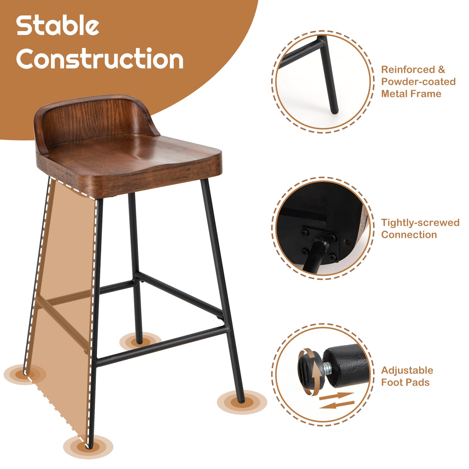 Bar Stool, 24.5-Inch Height Industrial Pub Stool with Backrest and Footrest, Metal Legs, Low-Back Breakfast