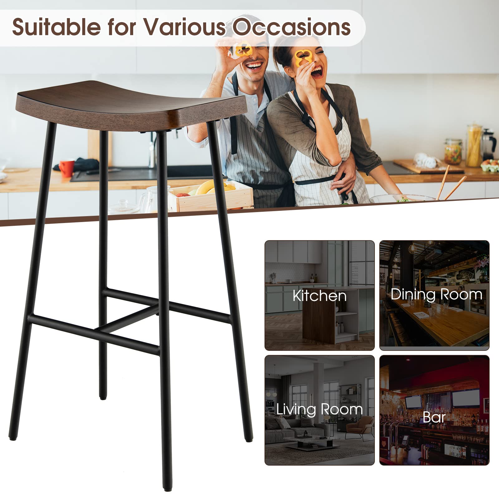 Industrial Saddle Stool with Footrest, Metal Legs, Adjustable Foot Pads, Backless Counter Height Chair for Living Room Kitchen Bar