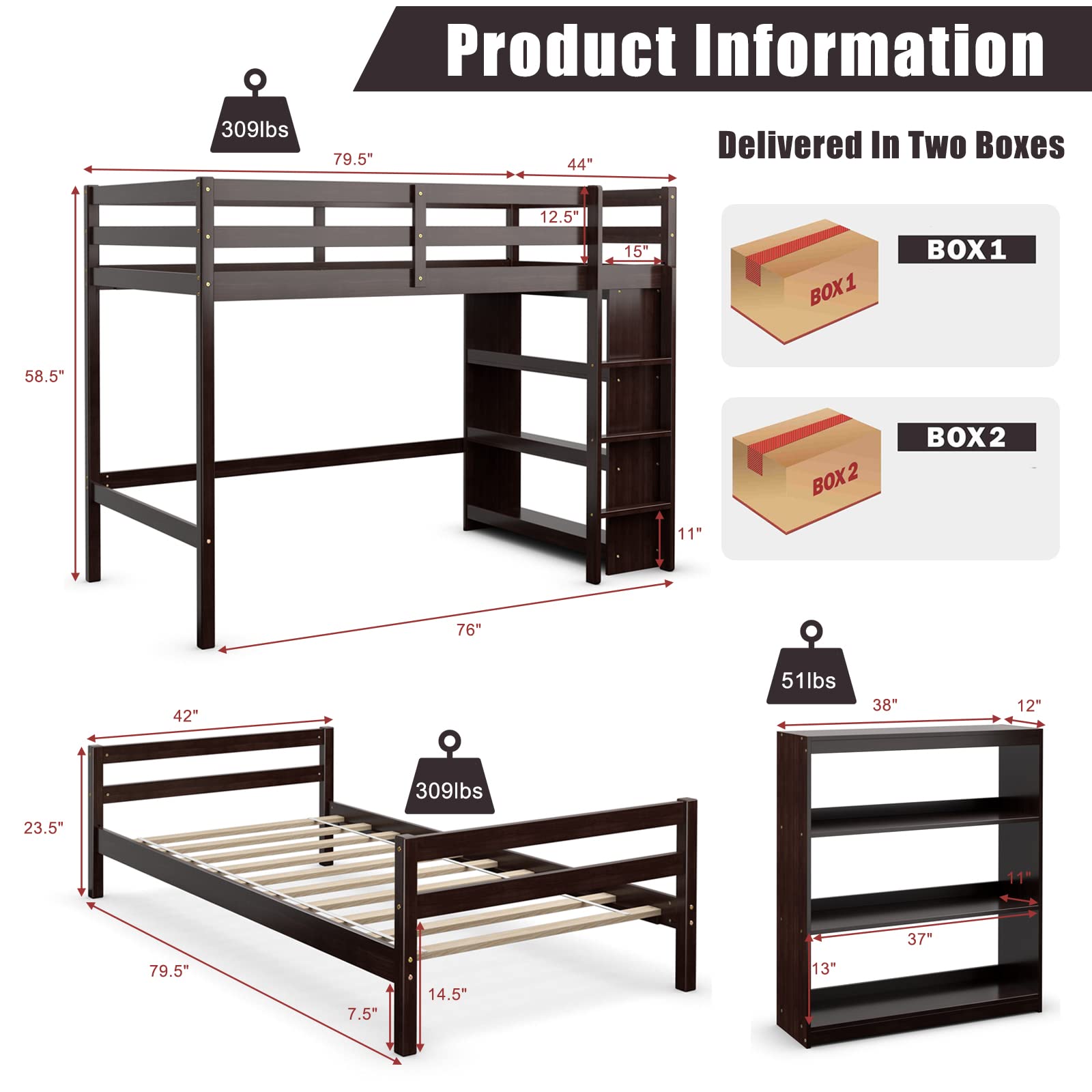 Giantex Twin Over Twin Loft Bed w/ Bookcase, Bunk Bed w/ 12.5" Full-Length Guardrail & Ladder