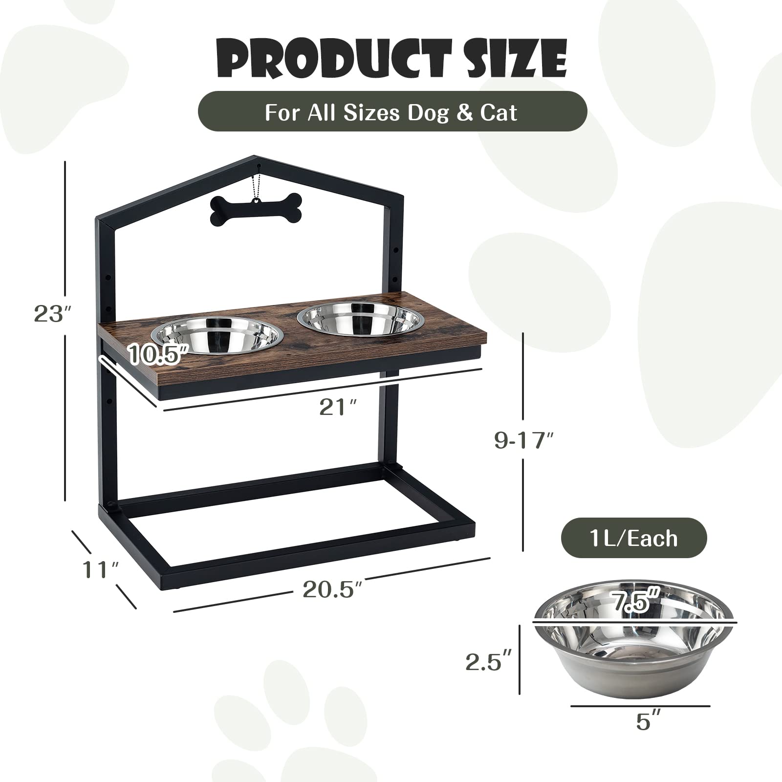 Giantex Elevated Dog Bowls Stand, 5 Adjustable Heights, 2 Stainless Steel Bowls