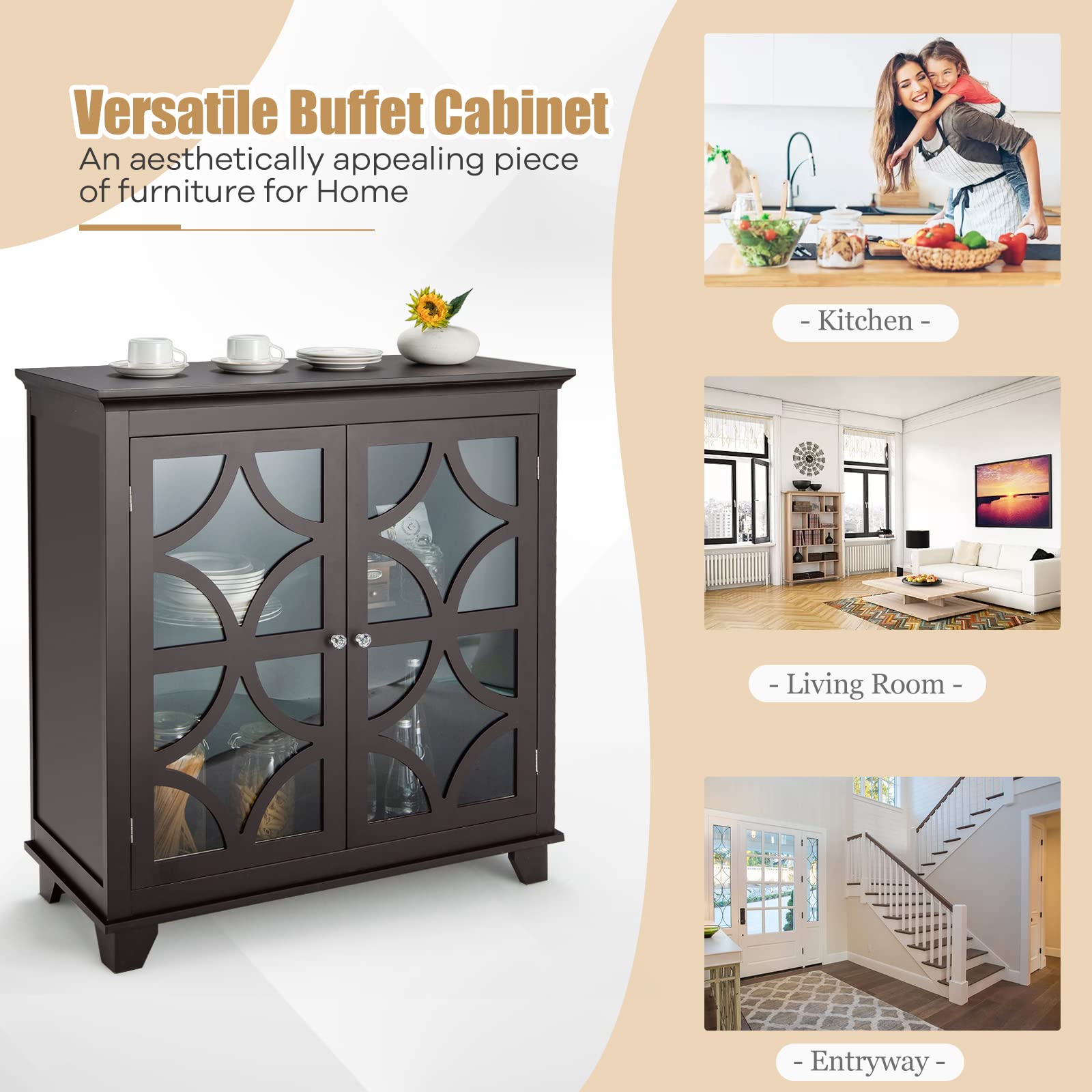 Giantex Buffet Sideboard, Freestanding Kitchen Cupboard w/Adjustable Shelf, 2 Decorative Glass Doors