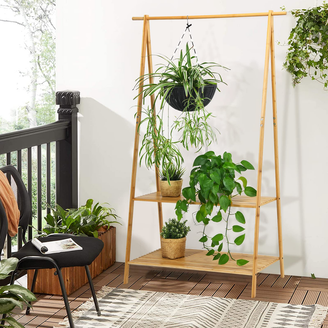 2-Tier 5.3Ft 100% Bamboo Garment Rack with Top Hanging Rod and Bottom Storage Shelves