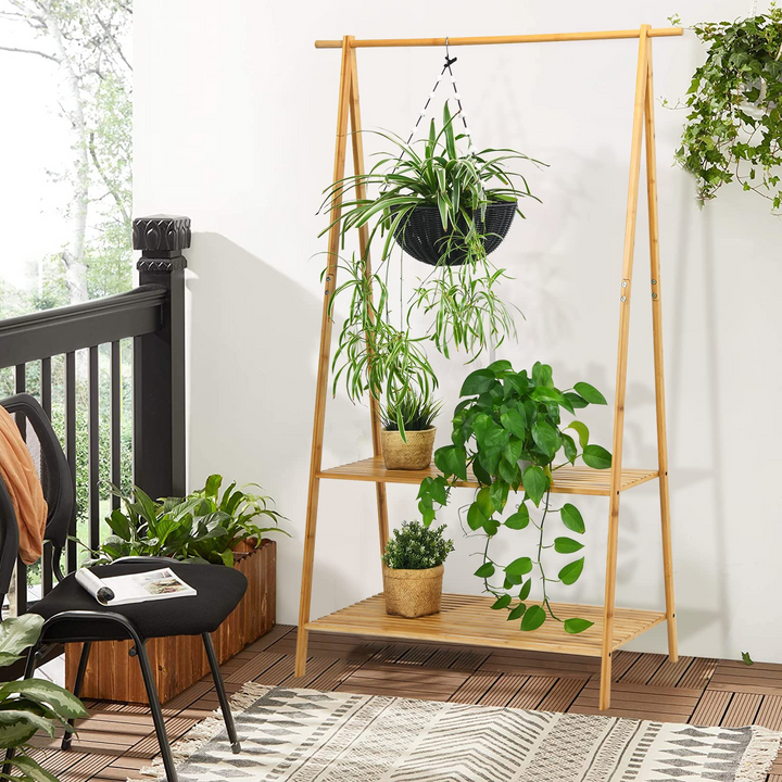 2-Tier 5.3Ft 100% Bamboo Garment Rack with Top Hanging Rod and Bottom Storage Shelves