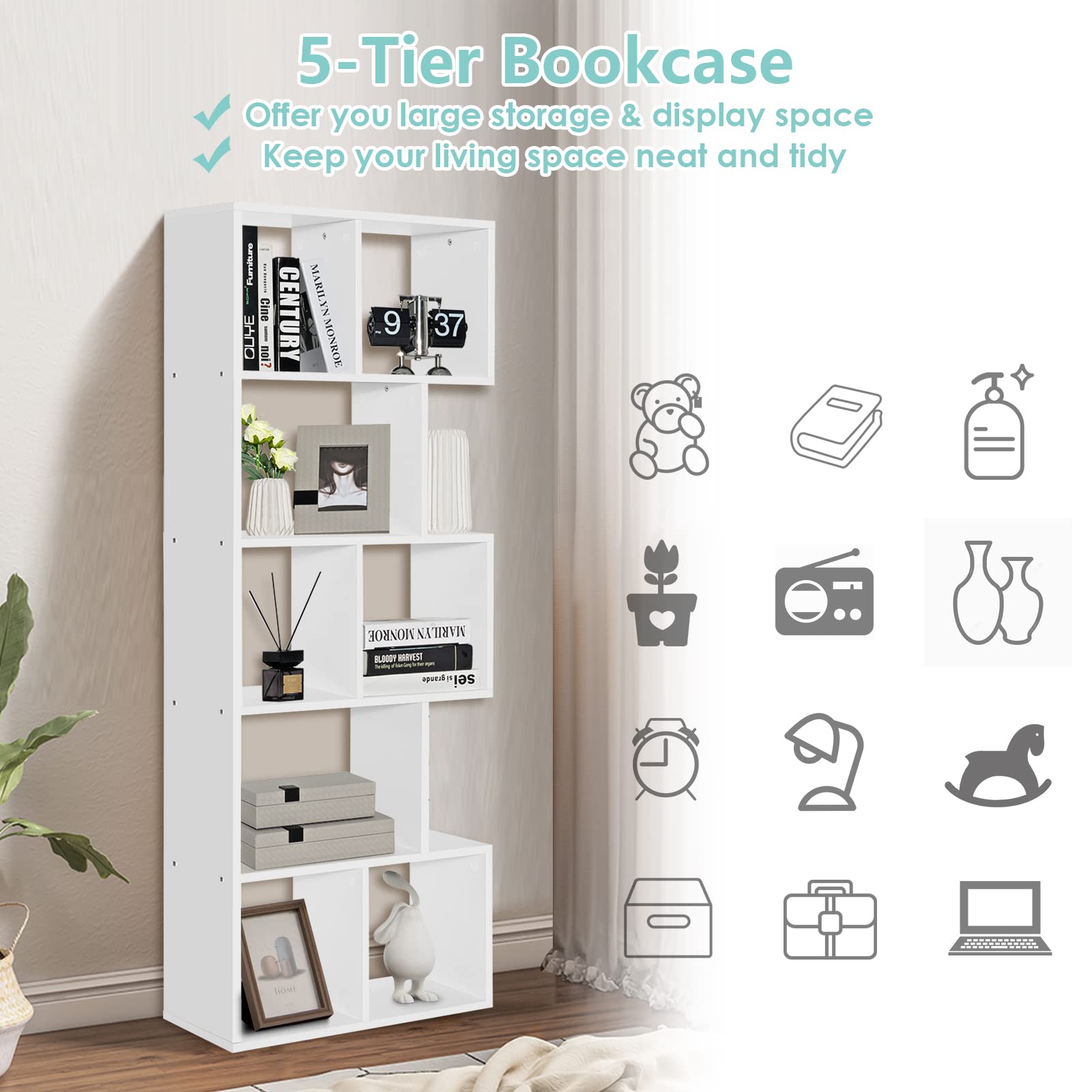 Giantex 5-Tier Geometric Bookcase White, Freestanding S-Shaped Display Shelves with Anti-Tipping Device