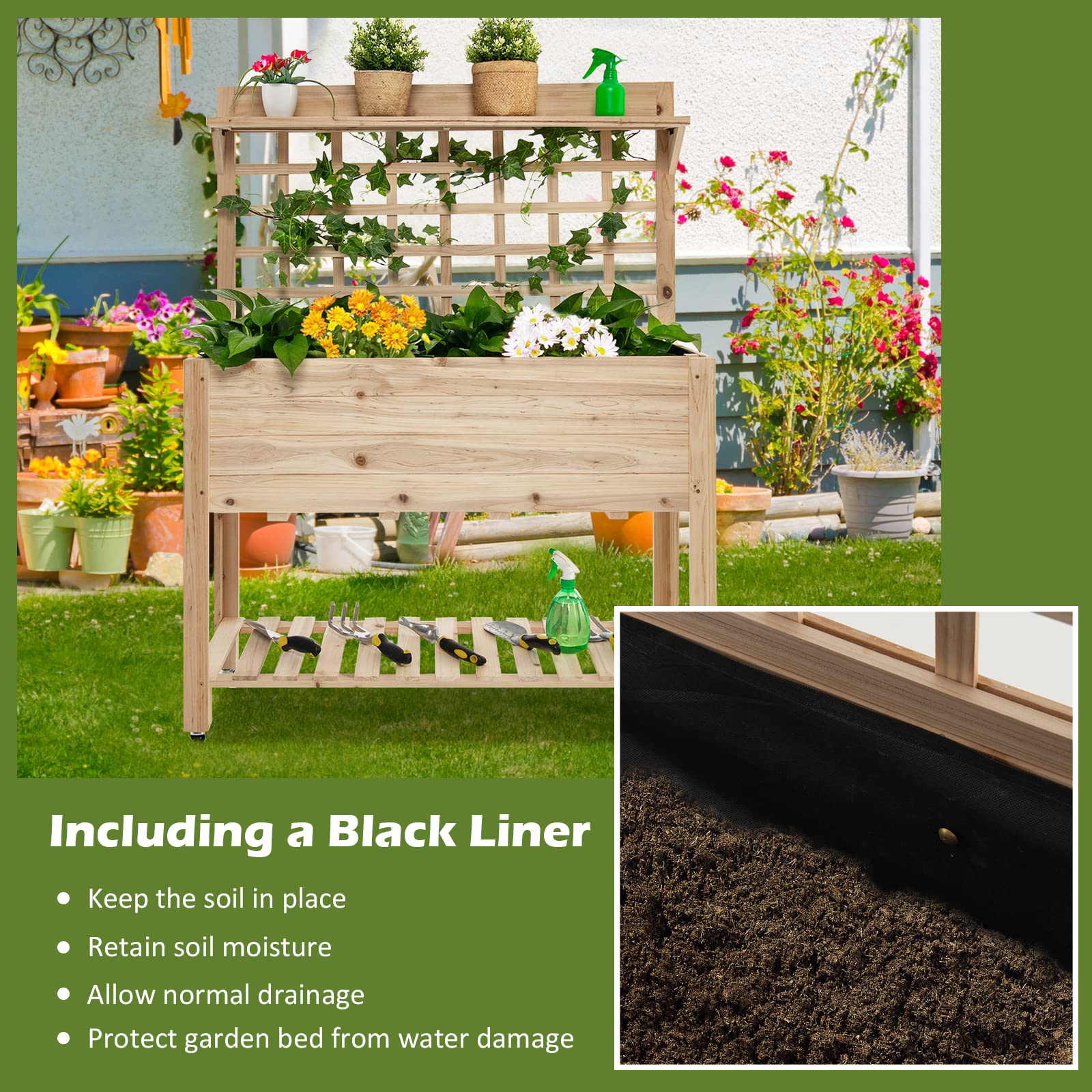 Giantex Raised Garden Bed on Wheels, Wood Planter with Trellis, Black Liner Storage Shelf