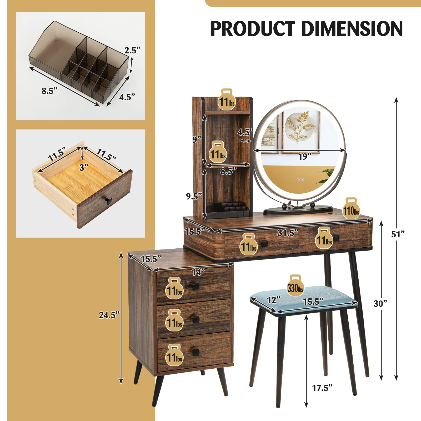 CHARMAID Vanity Table Set with 3-Color Dimmable Lighted Mirror