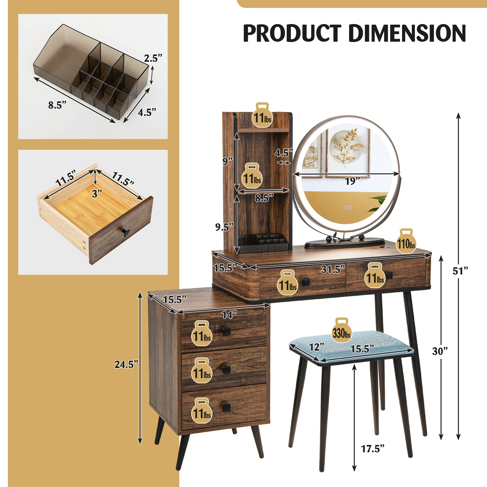 CHARMAID Vanity Table Set with 3-Color Dimmable Lighted Mirror - Giantex