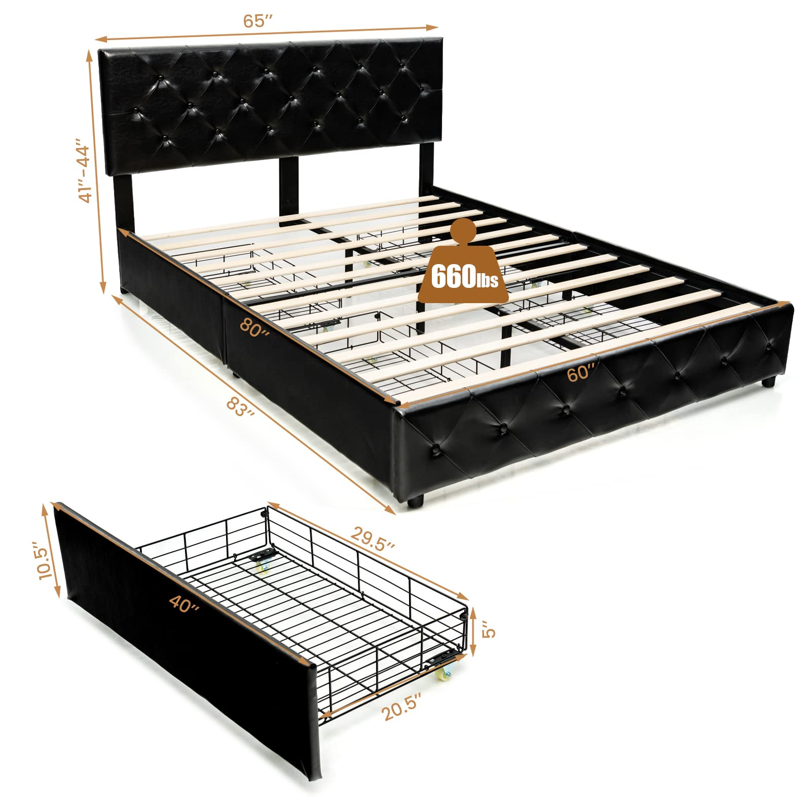 Upholstered PU Leather Platform Bed Frame w/ 4 Storage Drawers, Adjustable Headboard & Solid Wooden Slats