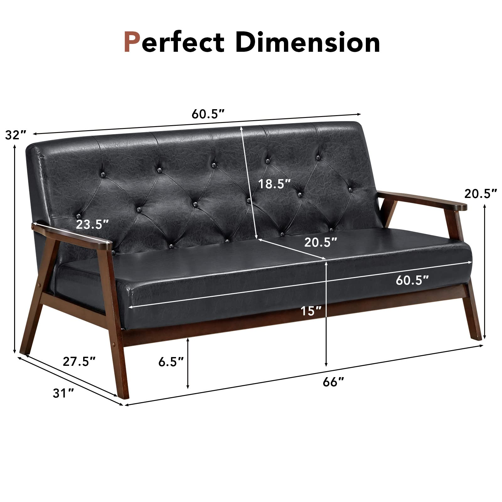 Giantex 3 Seat Sofa, Mid Century Retro Loveseat, Black Couch