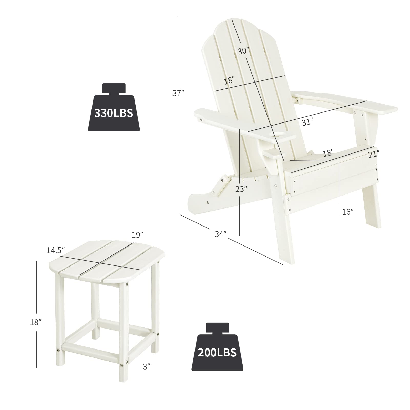 Adirondack Chair with Side Table, Outdoor Fire Pit Chair Set with End Table, White
