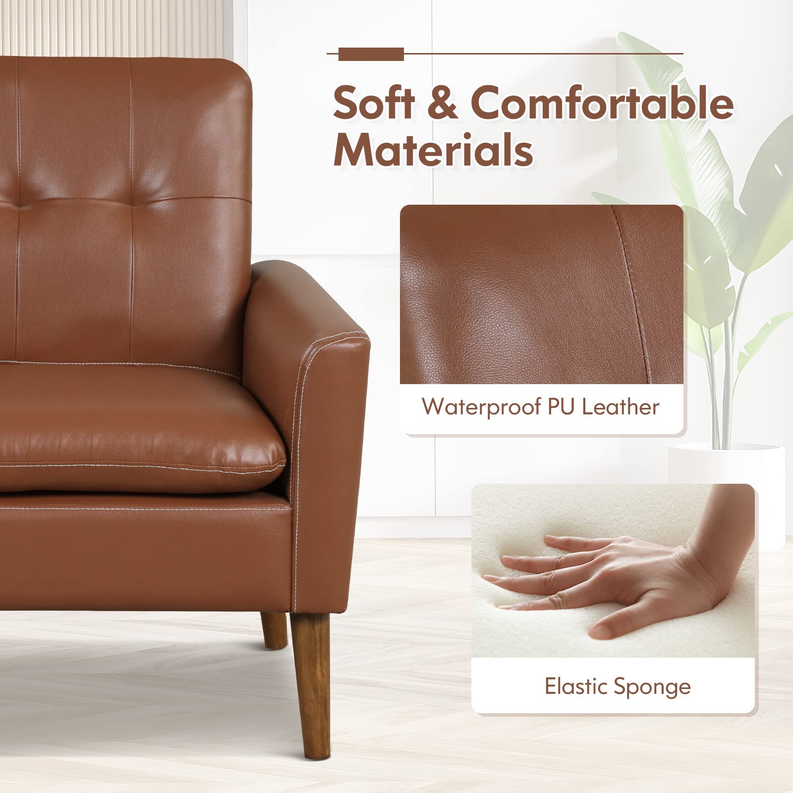 Giantex Modern Leather Accent Chair - Mid-Century Arm Chairs for Living Room, Max Load 400lbs, Brown