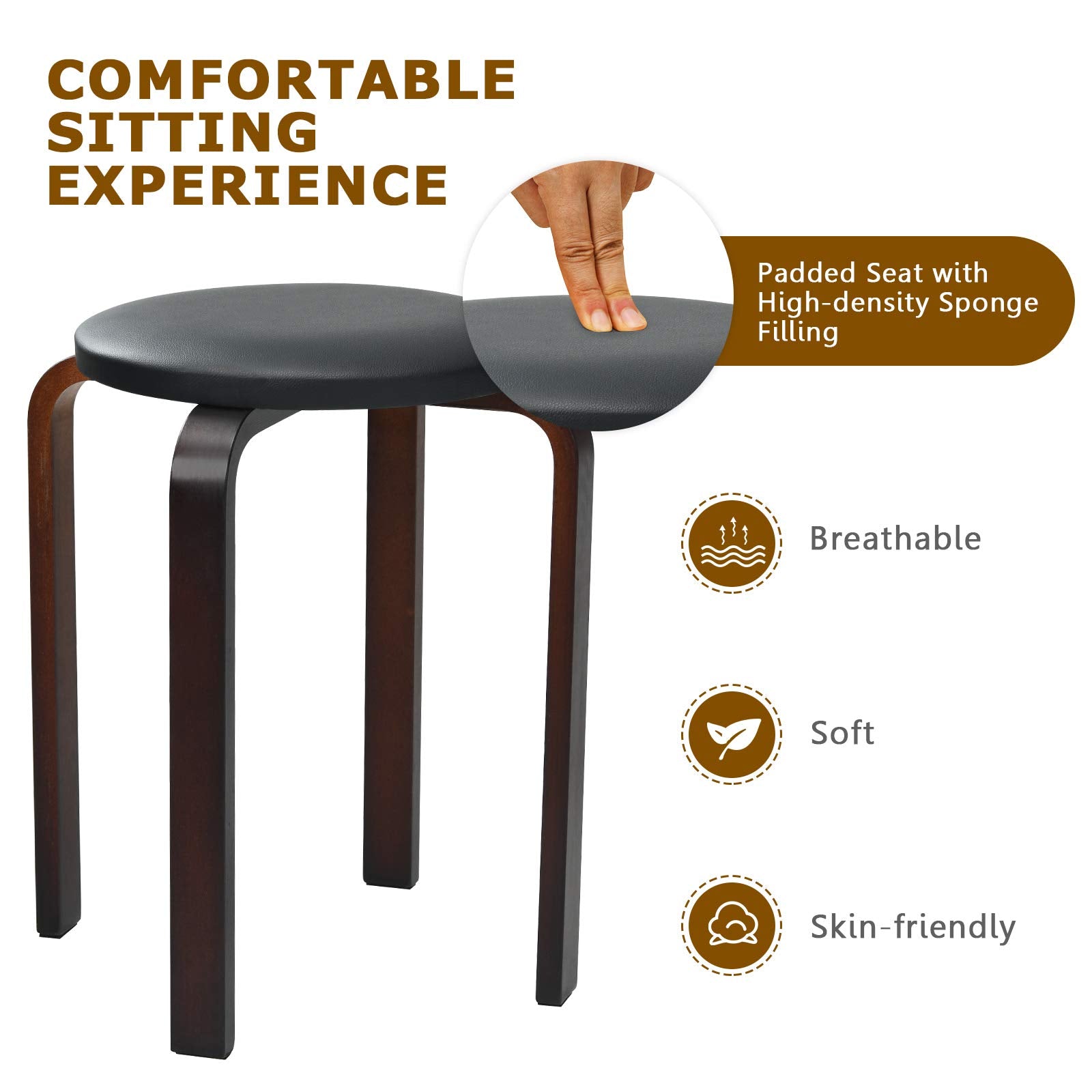 4-Pack Bentwood Stack Stools, 18.5-Inch Portable Stools with PU Leather Round Top, Non-Slip Foot Mats