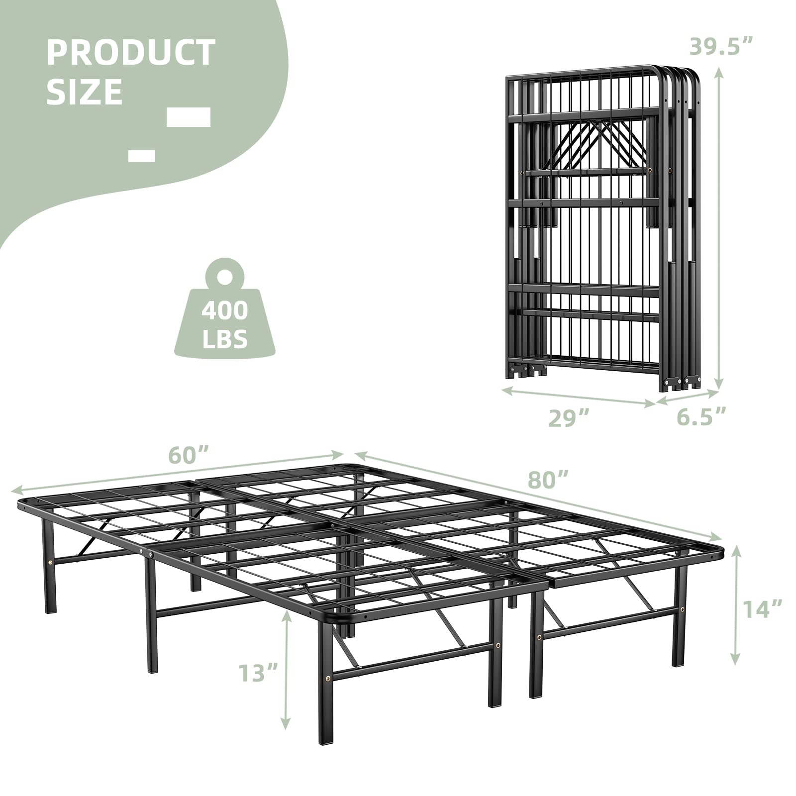 14 Inch Foldable Metal Mattress Foundation | Heavy Duty Bed Frame with Steel Slat
