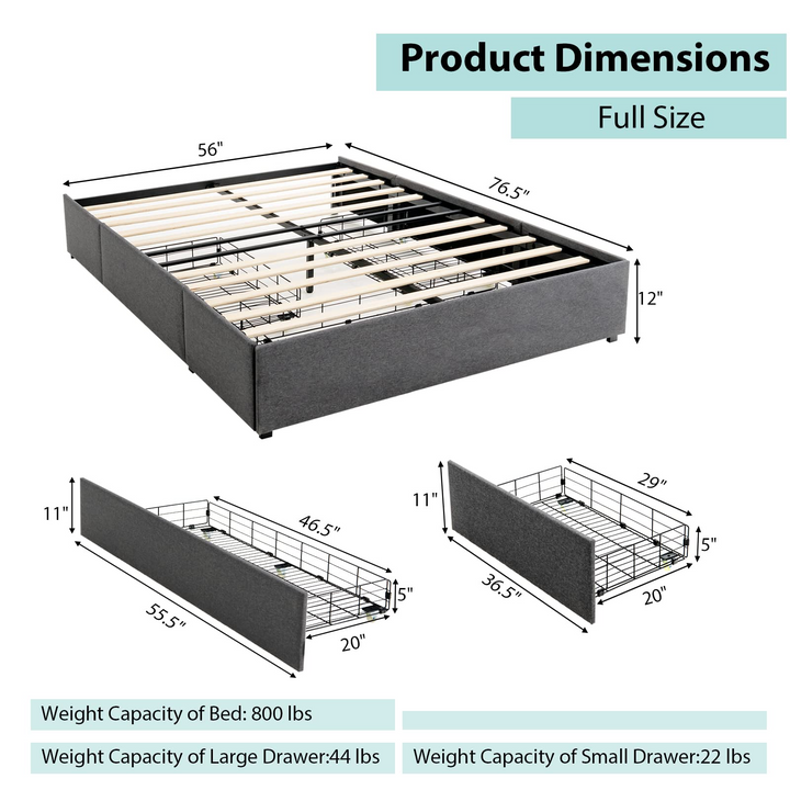 Full Size Platform Bed Frame with 3 Storage Drawers - Giantex