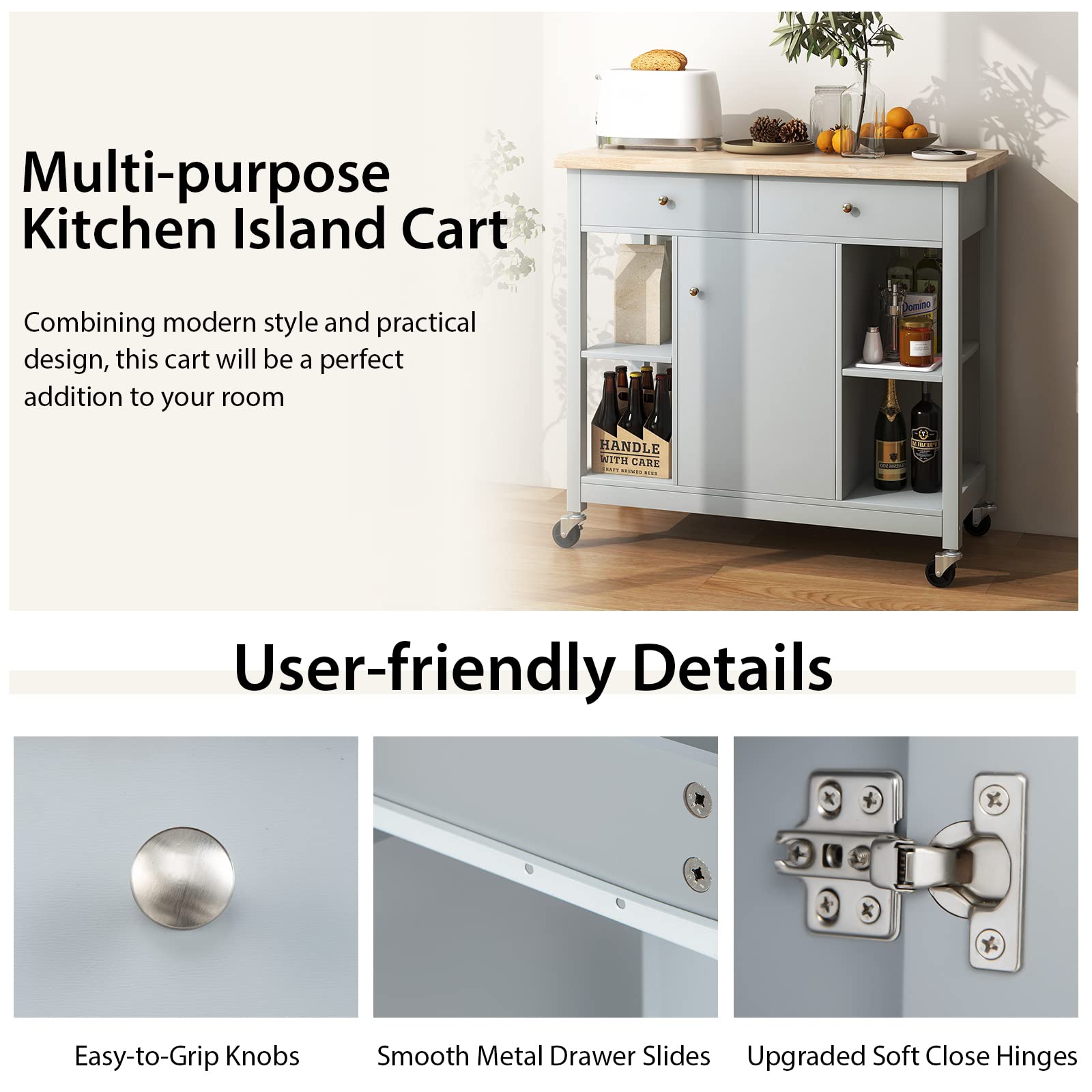 Giantex Mobile Kitchen Island Cart, Rolling Kitchen Island w/Rubber Wood Top (Gray)