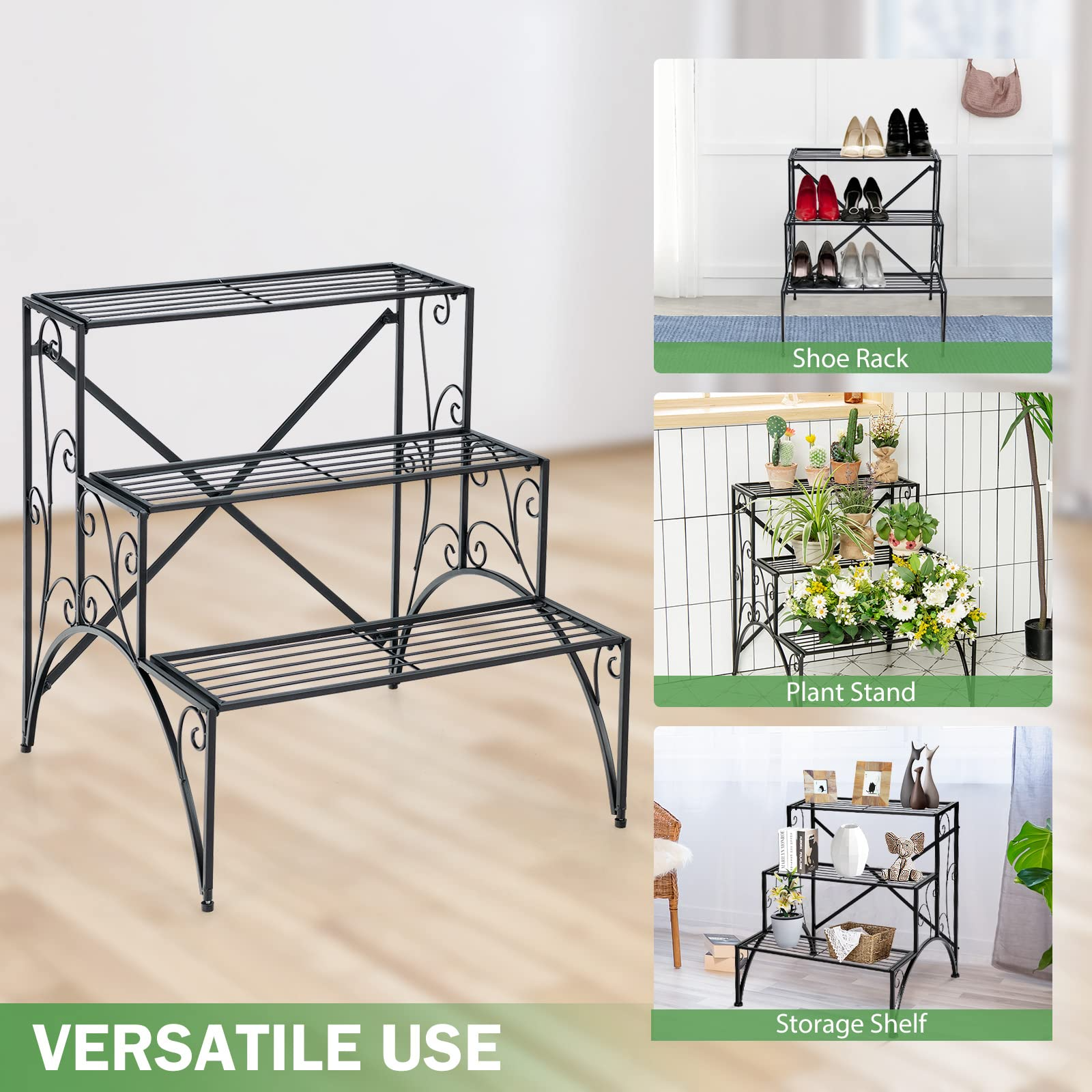 Ladder Style Flower Pot Stand with Widened Grid Shelf & Non-Slip Foot Pads, 3 Tier