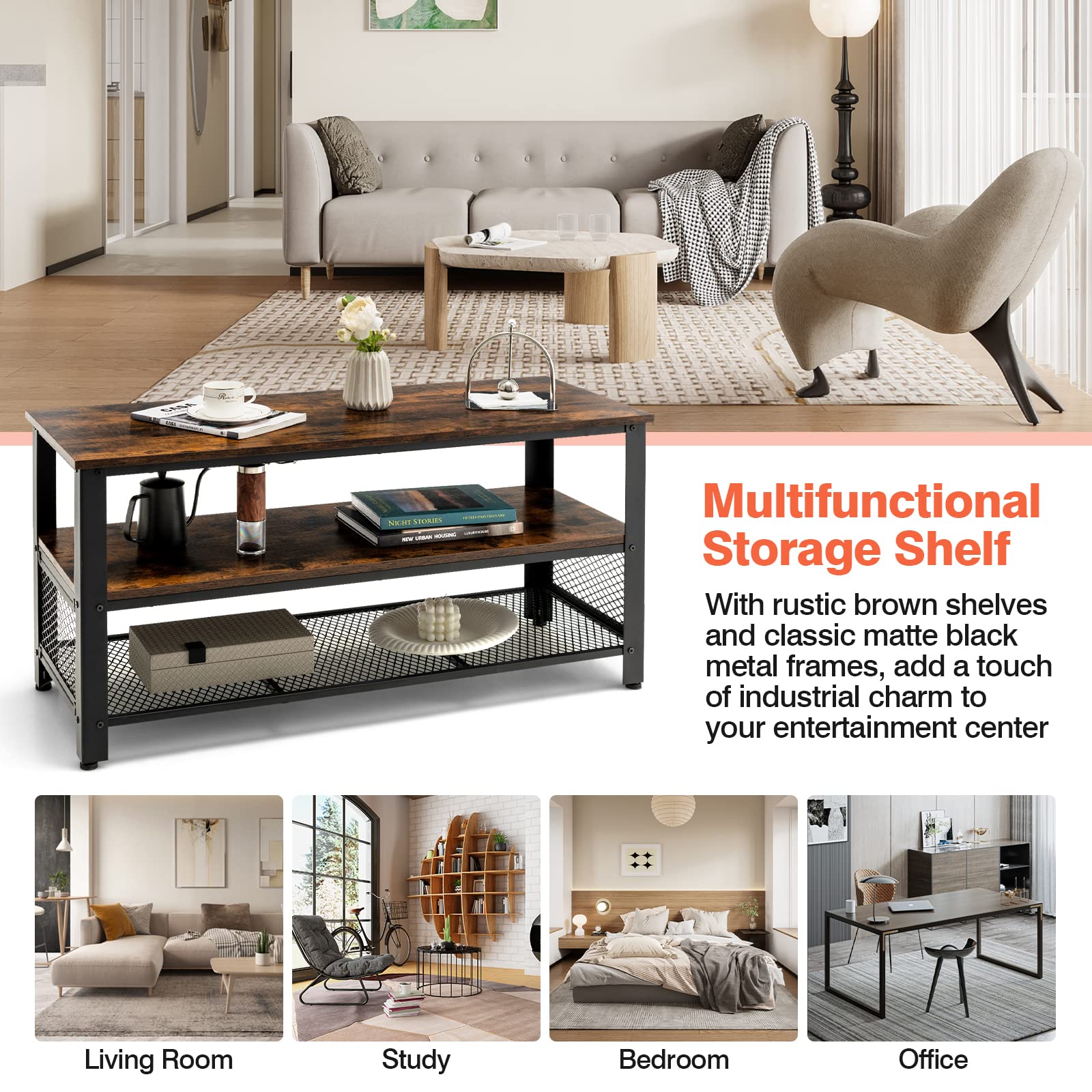 Giantex TV Stand for TV up to 50 Inches, 43.5 inch Wood Industrial TV Cabinet with 3-Tier Storage Shelves, Rustic Brown