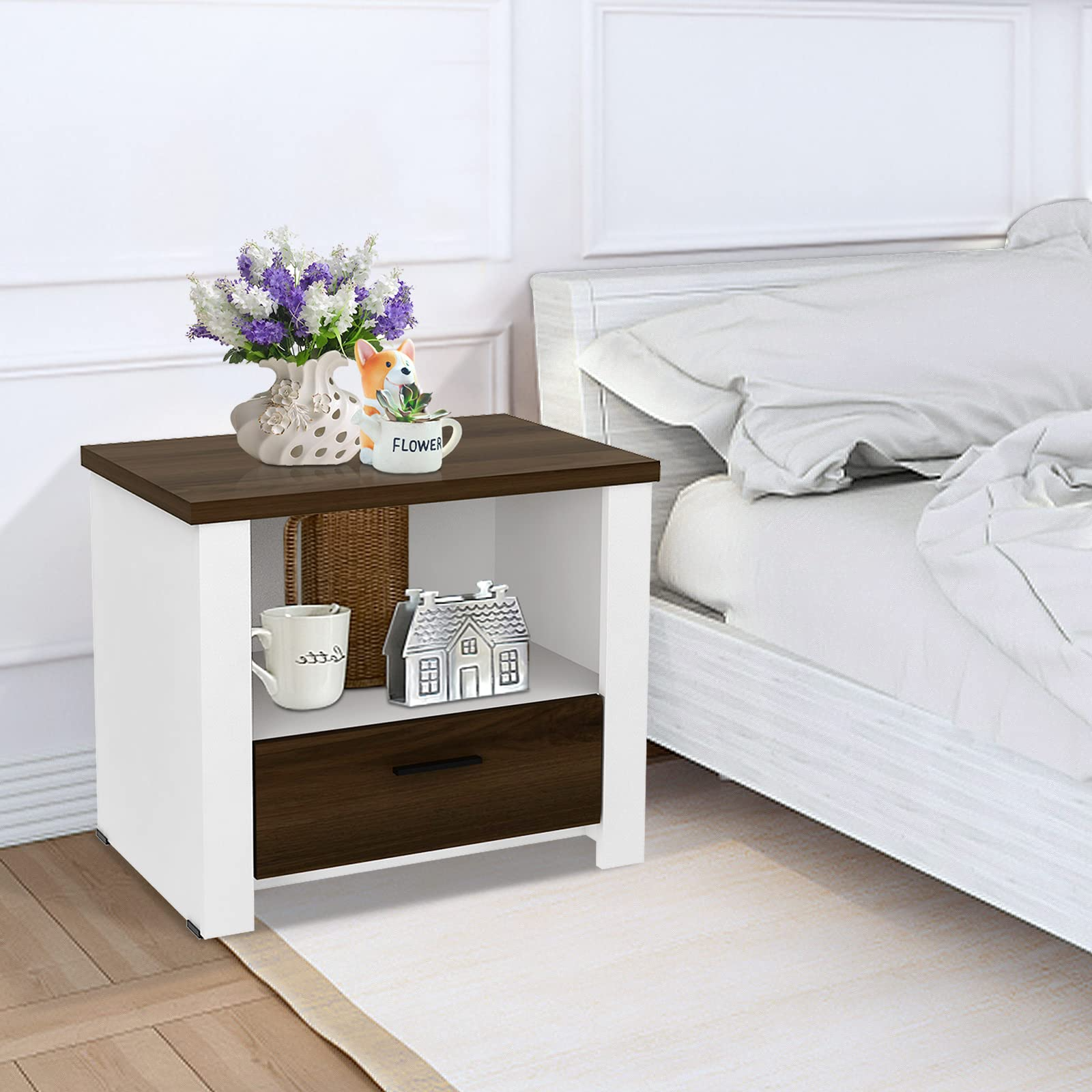 Giantex Nightstand, End Table with Glide Sliding Drawer & Open Cabinet, Modern Sofa Side Table for Living Room