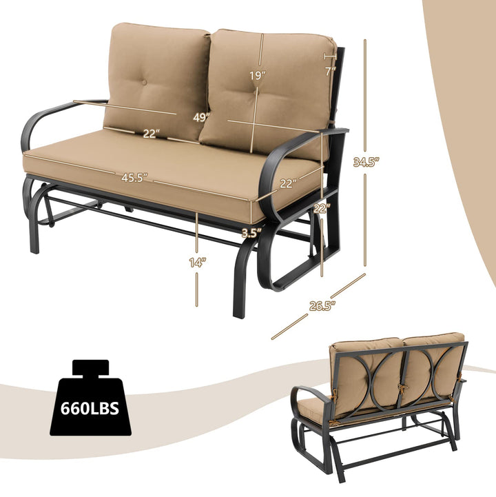 Giantex 2 Seats Glider Bench for Outside, Patio Glider Porch Loveseat w/Cushions & Powder Coated Steel Frame