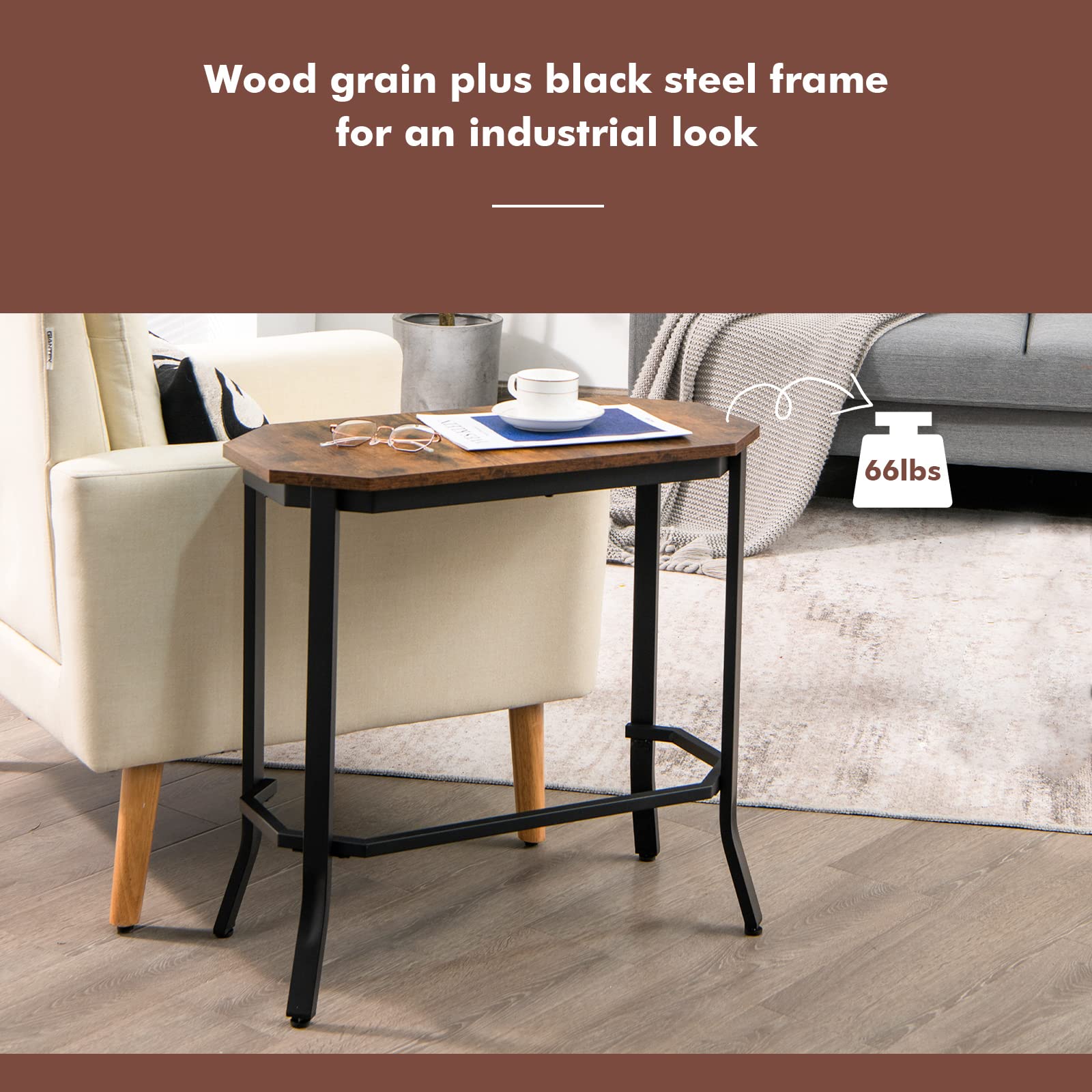Giantex Narrow End Table w/Rustic Wood Grain & Stable Steel Frame, 25.5"x12.5"x24.5" Rustic Brown