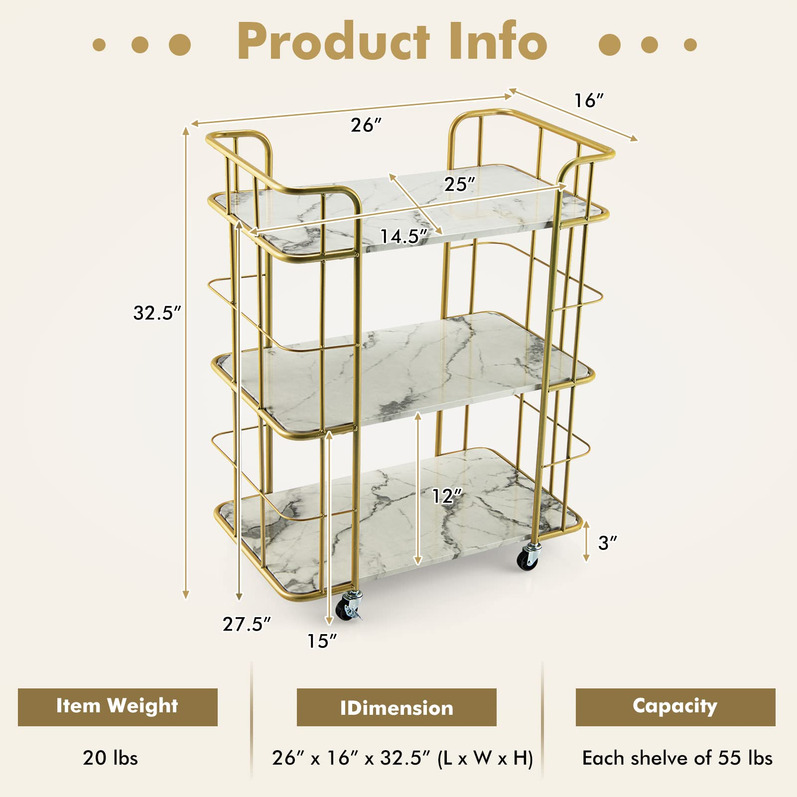Giantex Gold Bar Cart, Home Island Service Cart, 3 Tier Storage Shelves with Guardrail, White