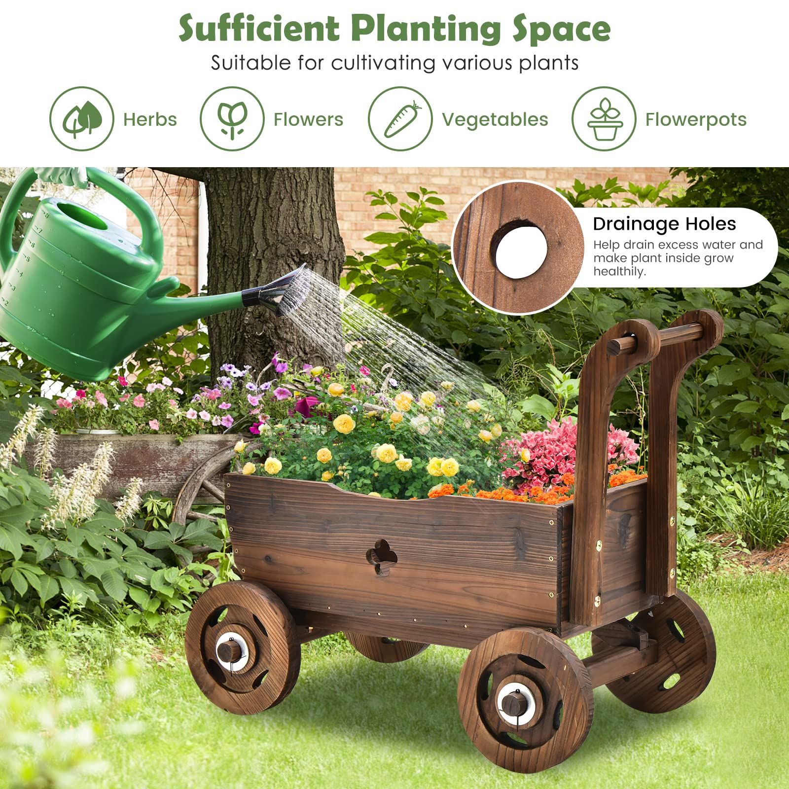 Giantex Wooden Wagon Planter Raised Bed on Wheels, Handle, Drainage Hole