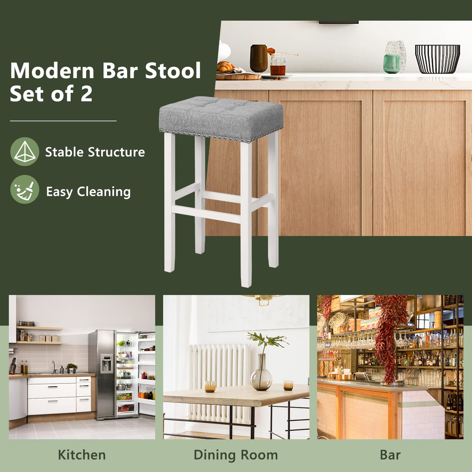 Giantex Bar Stools Set of 2-29" Bar Height Backless Barstools with Nailhead Linen Foam Seat