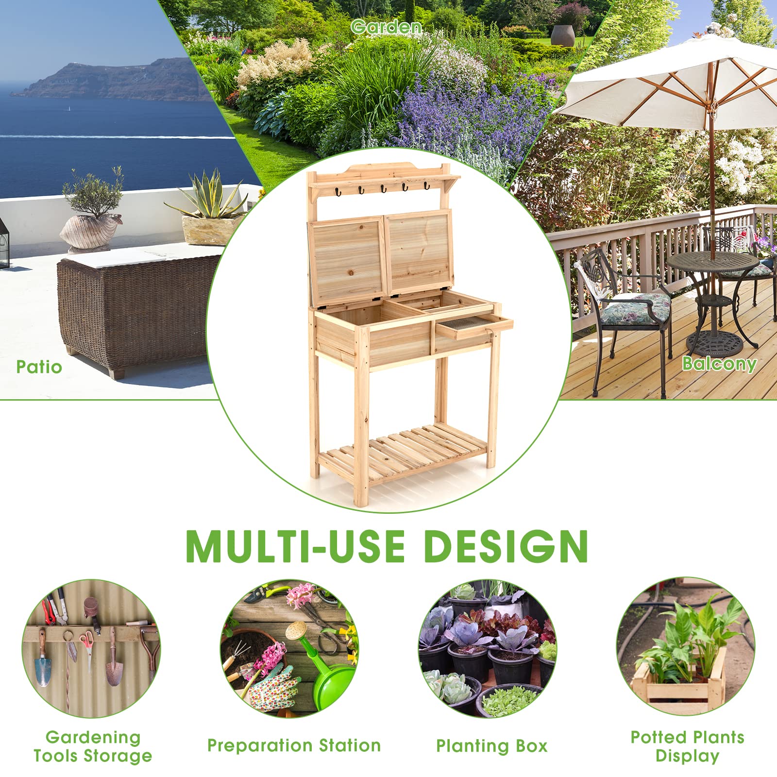 Giantex Potting Bench Outdoor Wooden Planting Table with Flip-Open Galvanized Metal Tabletop, Planting Box