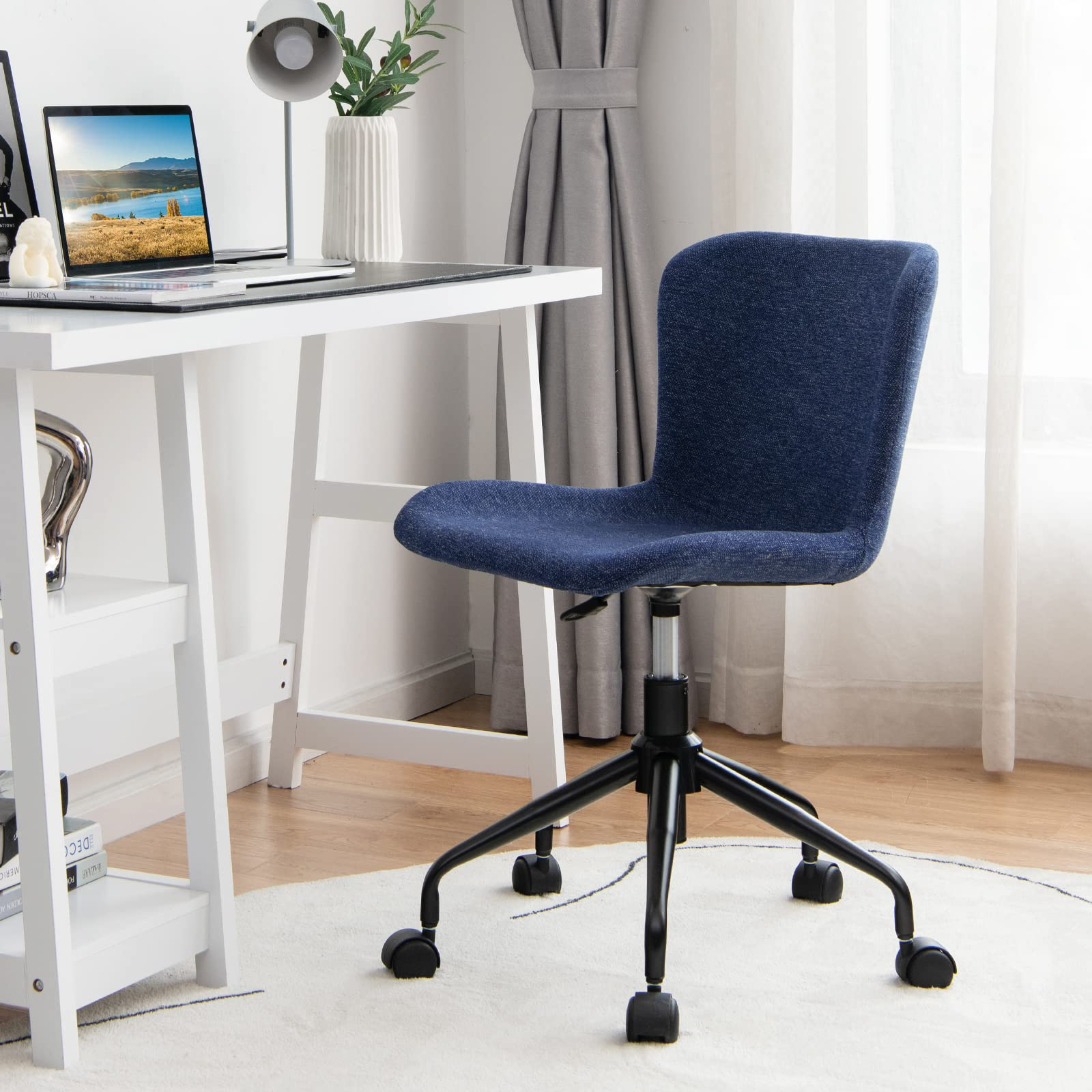 Giantex Home Office Chair with Wheels, Mid-Back Swivel Computer Chair Rolling Adjustable Linen Leisure Chair