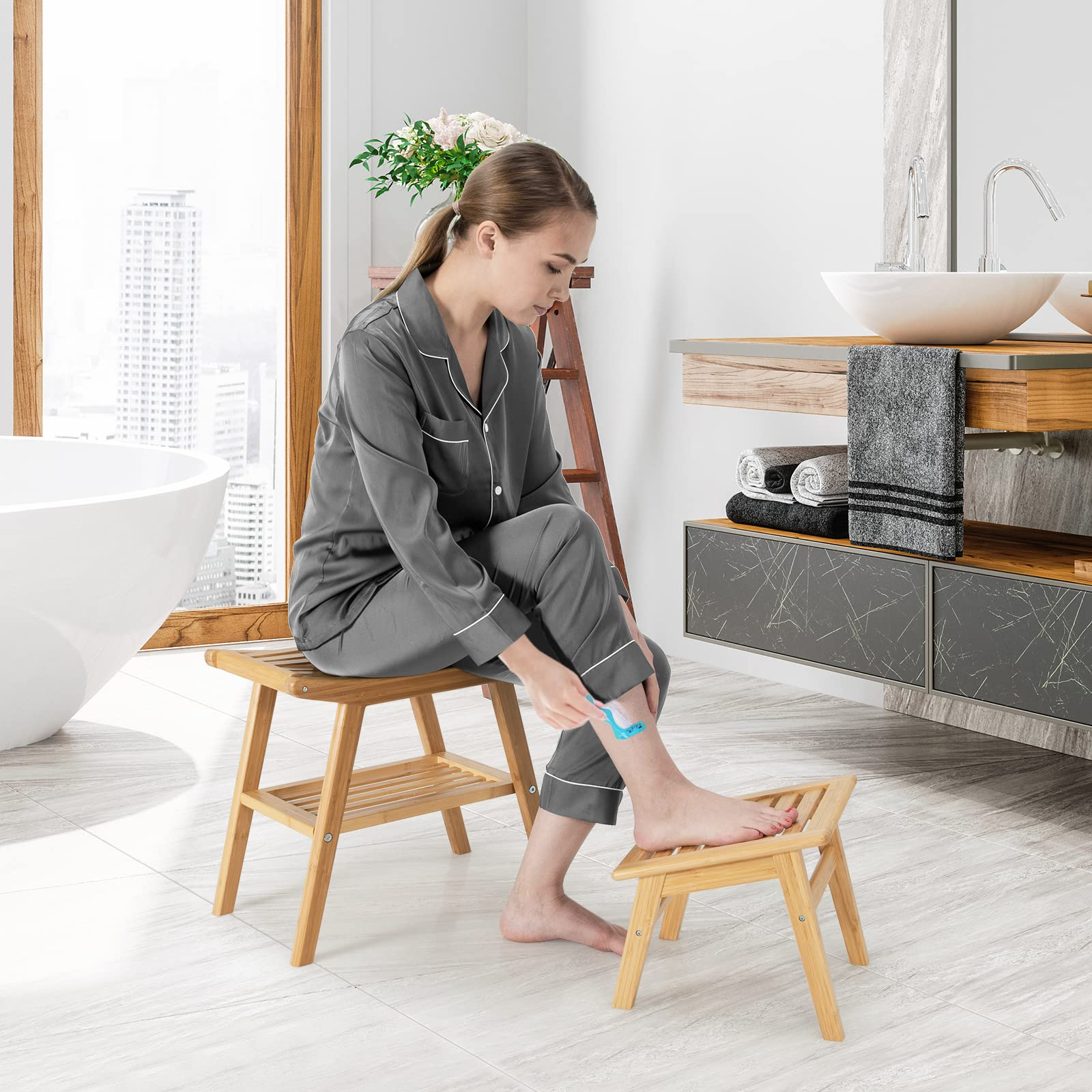 Bamboo Shower Bench with Foot Stool, Shower Seat Bench with Underneath Storage Shelf
