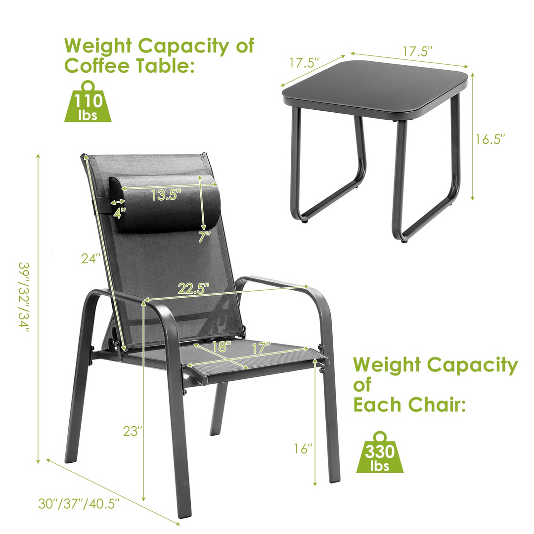 Giantex Stackable Patio Chairs with Adjustable Backrest Headrest, 3 Pieces