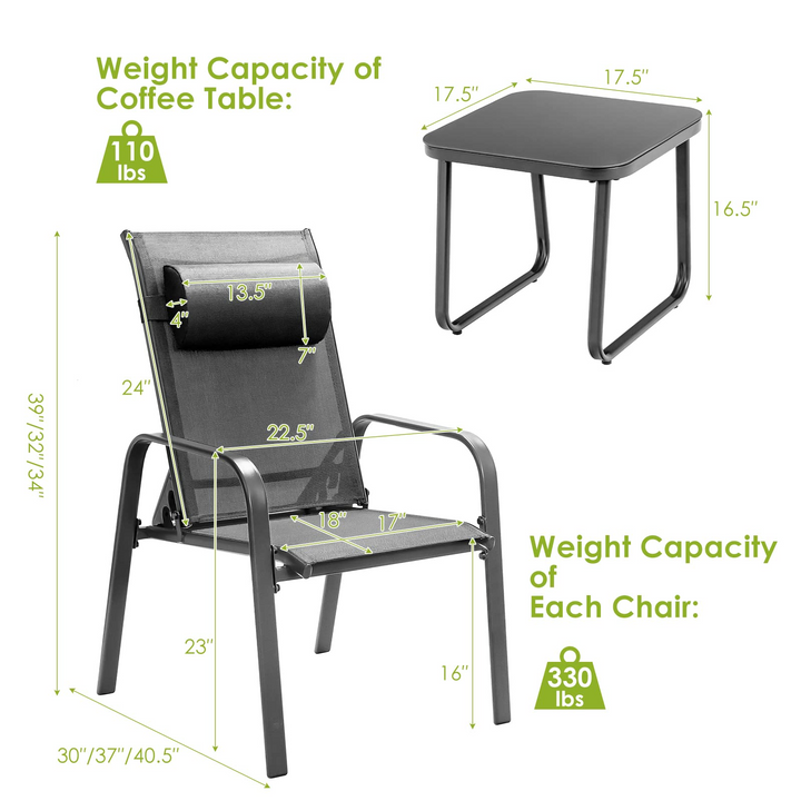 Giantex Stackable Patio Chairs with Adjustable Backrest Headrest, 3 Pieces