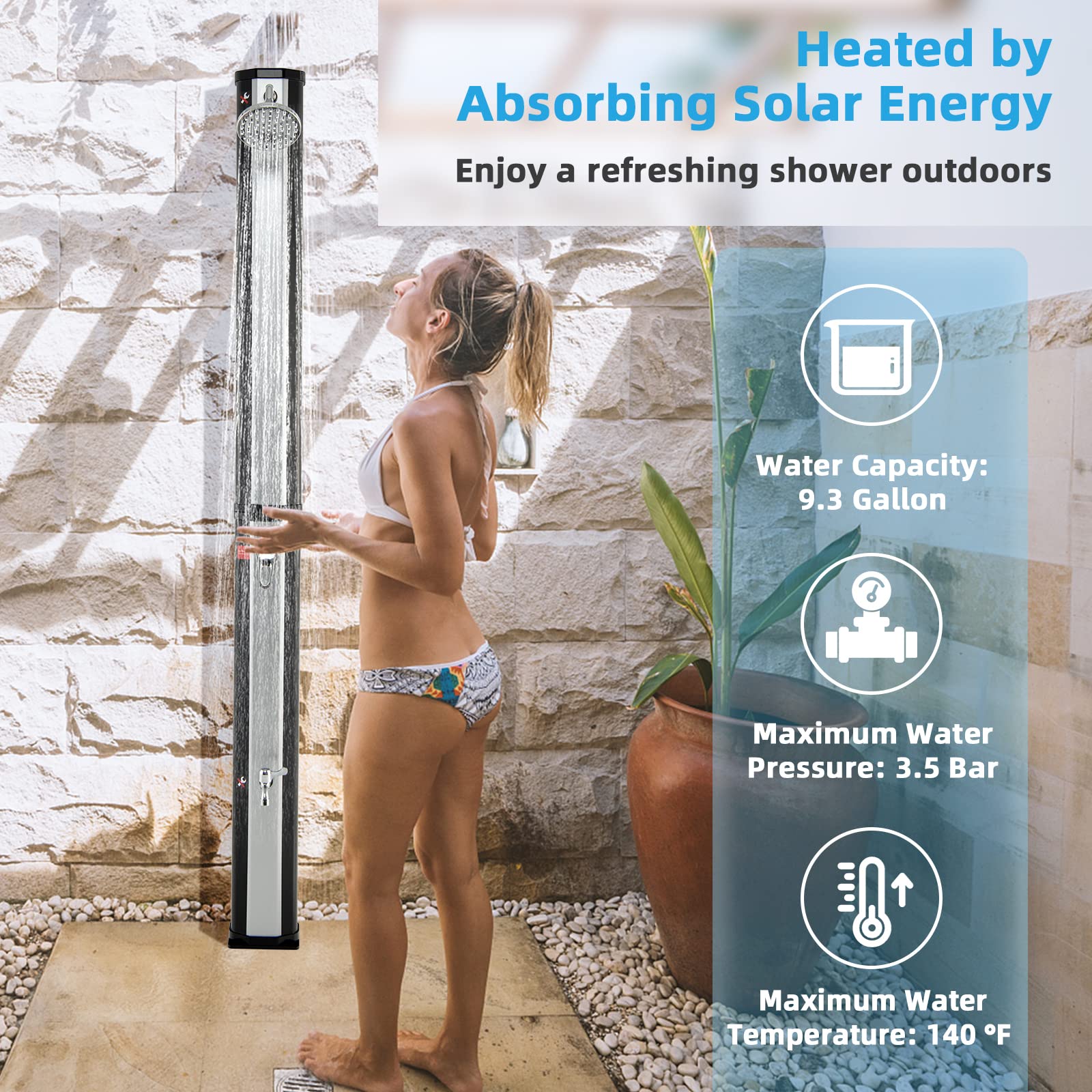 Giantex 7.2 FT 10 Gallon 2-Section Solar-Heated Outdoor Shower, Pool Shower W/Free-Rotating Shower Head