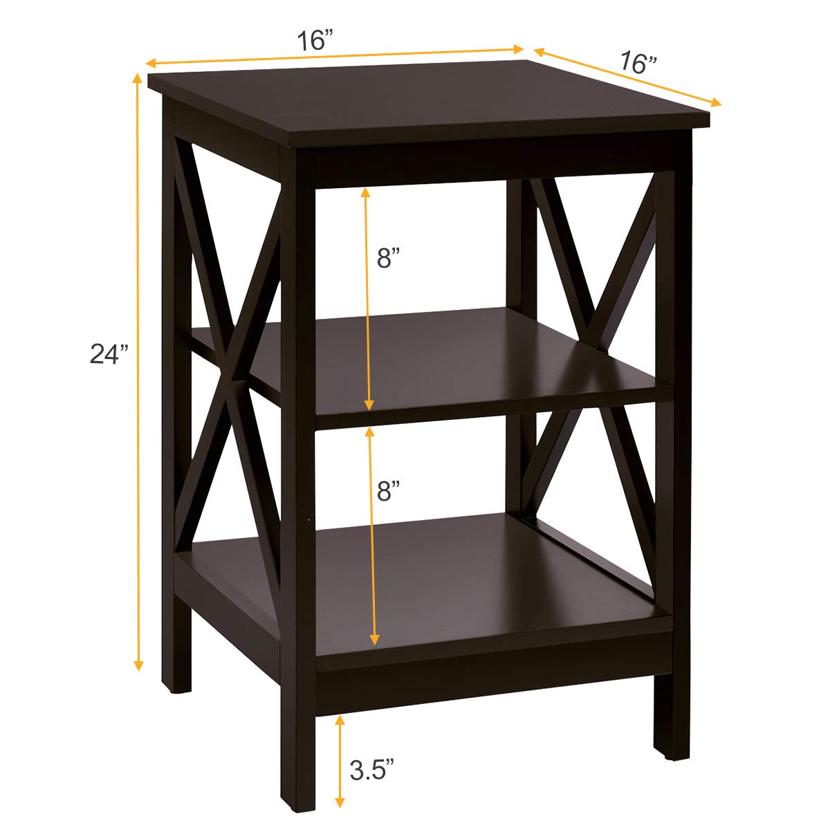 Nightstand 3-Tier X-Design W/Storage Shelves and Stable Structure Storage Organizer Display Sofa Side Table