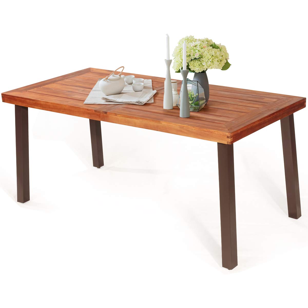 Patio Dining Table with Umbrella Hole, Outdoor Picnic Table for Backyard