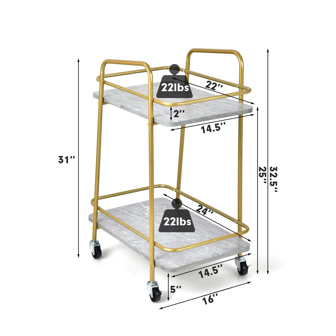 Giantex Gold Bar Cart, Island Service Cart, 2 Tier Storage Shelves with Guardrail for Dining Room Wine Coffee Bar