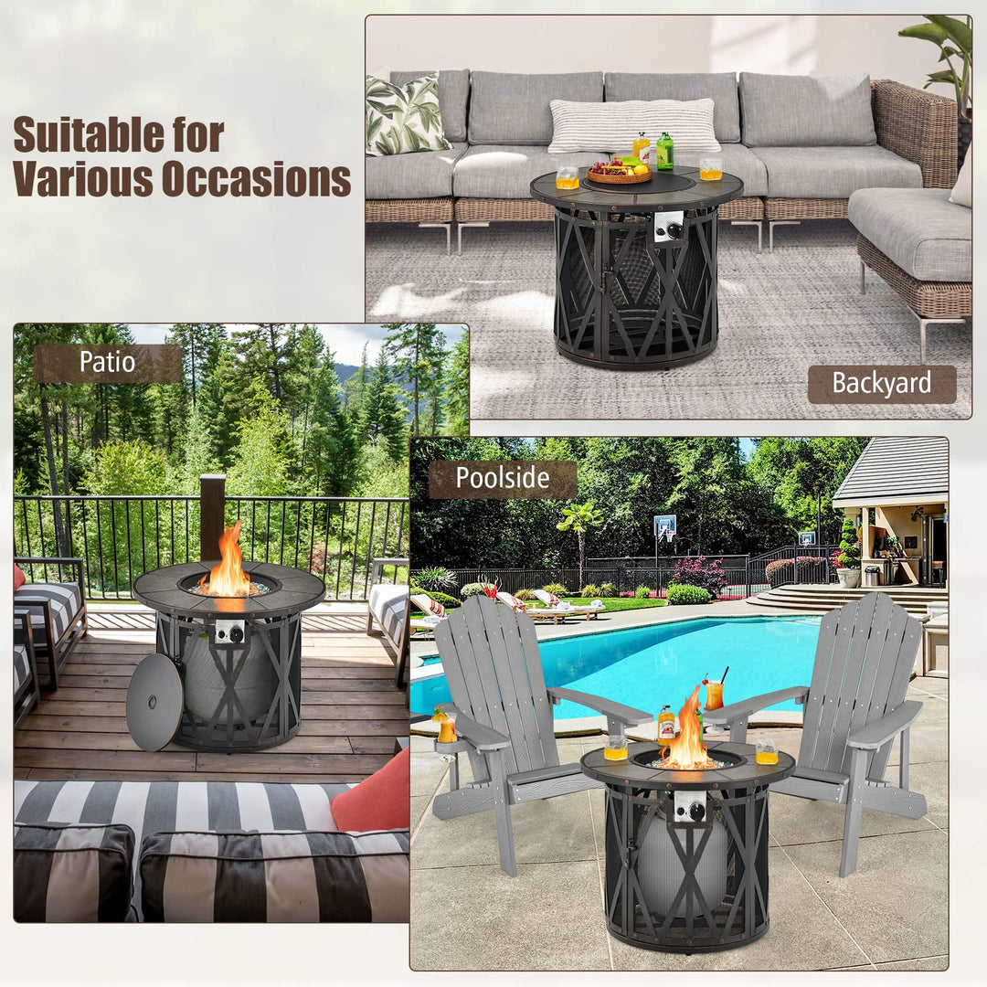 Giantex 32" Gas Fire Pit Table - 30,000 BTU Round Outdoor Fire Pit with Lid, PVC Cover, Glass Stones, Black