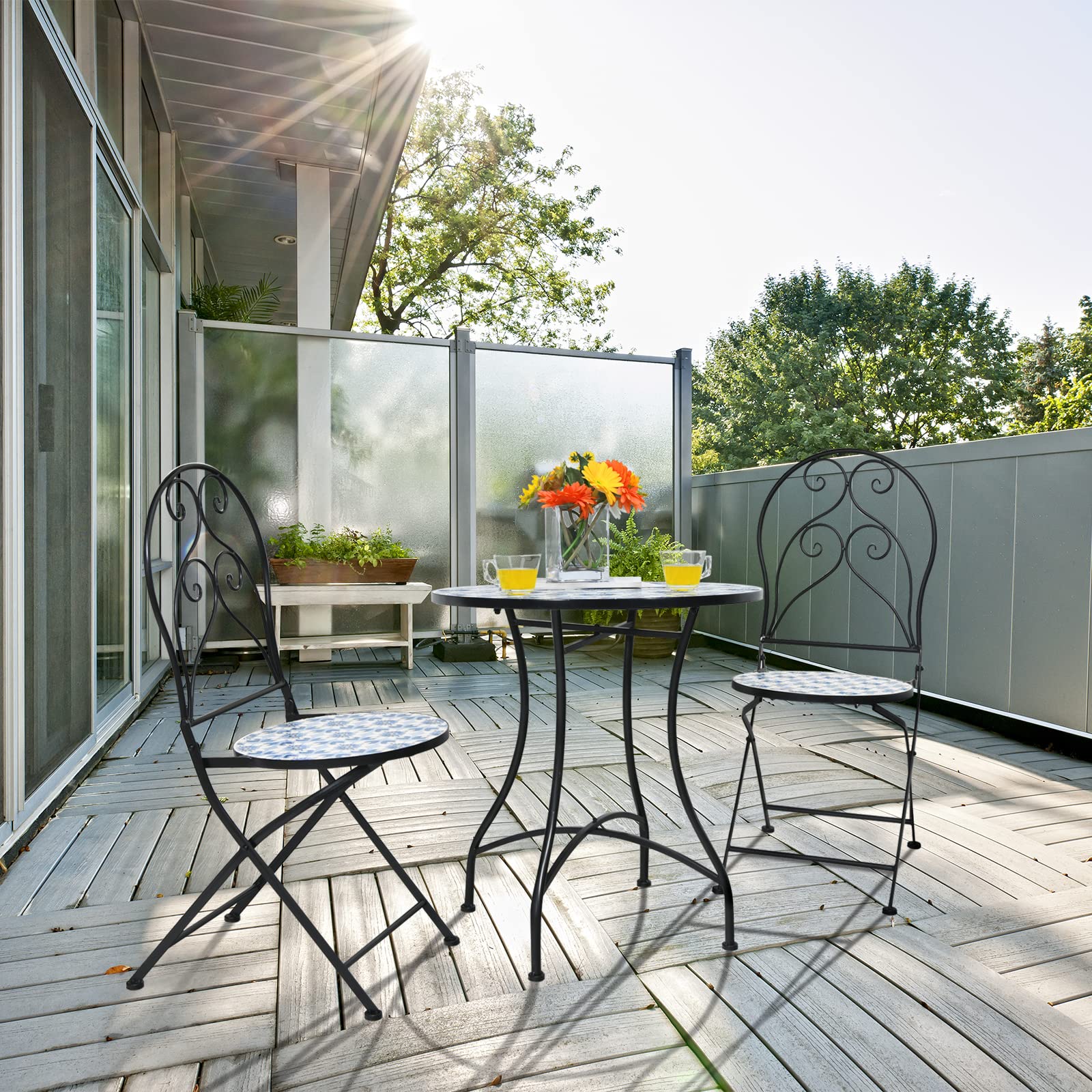 Giantex 2 Pieces Folding Bistro Chairs, Mosaic Patio Chairs with Ceramic Tiles Seat and Exquisite Floral Pattern