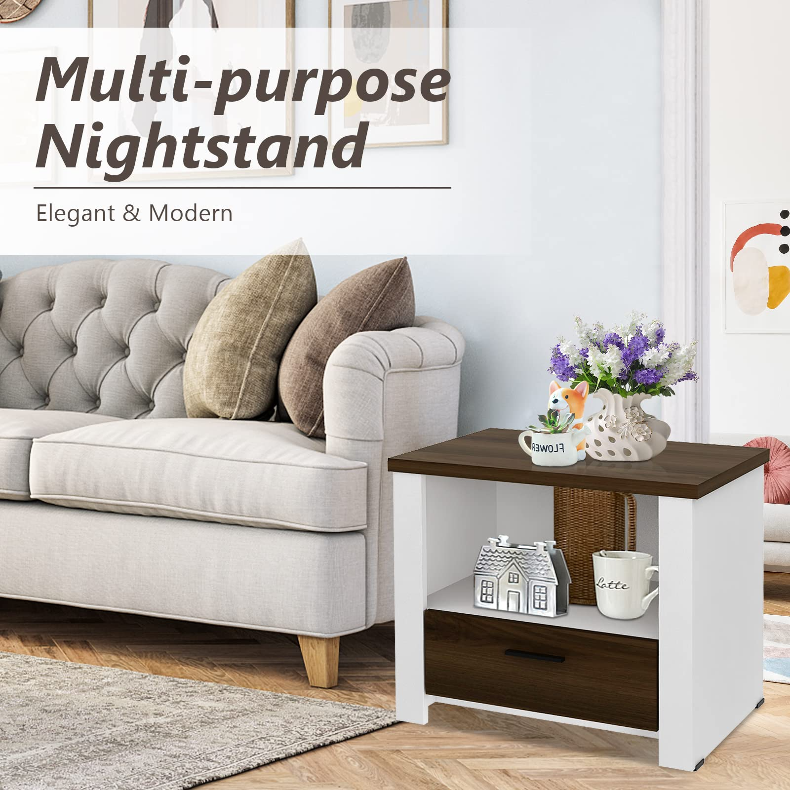 Giantex Nightstand, End Table with Glide Sliding Drawer & Open Cabinet, Modern Sofa Side Table for Living Room