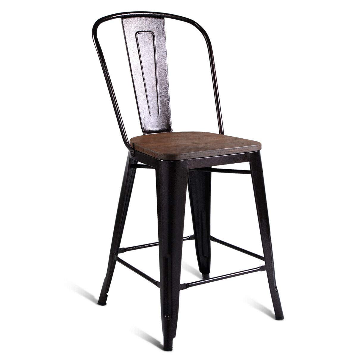 Giantex Tolix Style Dining Stools with Wood Seat and Backrest, Industrial Metal Counter Height Stool