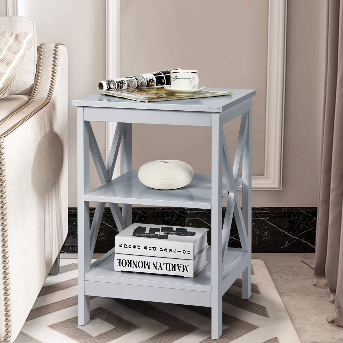 Nightstand 3-Tier X-Design W/Storage Shelves and Stable Structure Storage Organizer Display Sofa Side Table